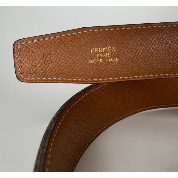 HERMES Gold H Reversible Black and Tan Leather Belt 85 Made in France - Picture 9 of 13